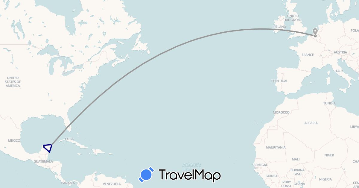 TravelMap itinerary: driving, plane in Belgium, Mexico (Europe, North America)
